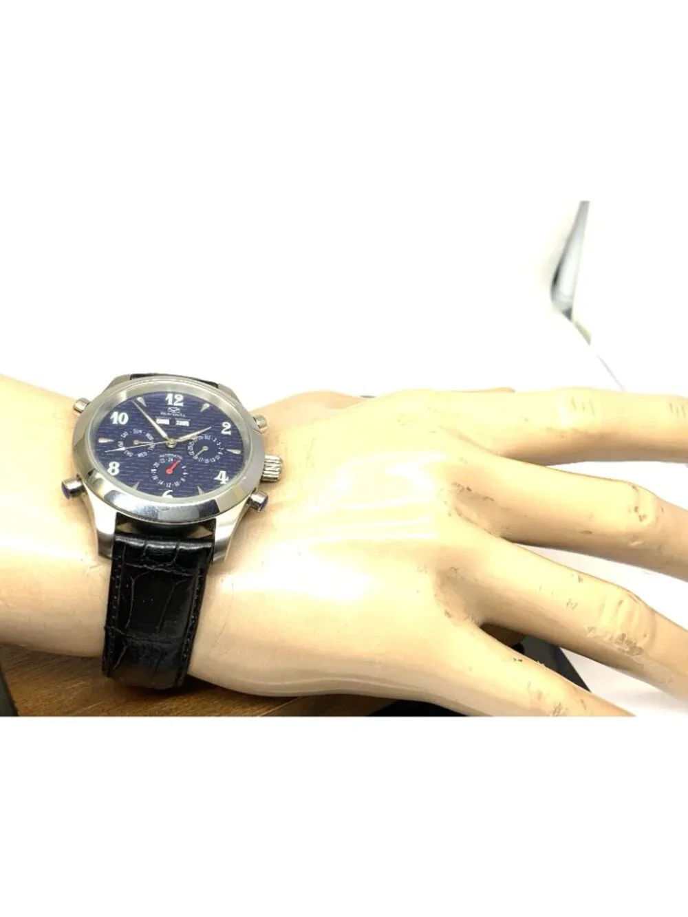 Seagull Men's Watch Automatic Blue Dial Triple Calendar Black Leather Strap 41mm